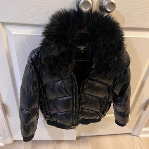 Boys black puff coat with faux fur collar